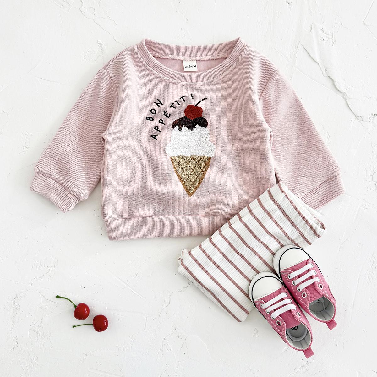 

INS Baby Girl Clothes Casual Ice Cream Вышивка Розовый Длинный Рукав Толстовка + Штаны Весна Осень Малышей Наряд 6-9M (68-74) розовый