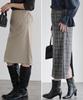 Pierrot Brushed Stretch Size Check Pattern Cashmere-Touch I-Line Skirt, Fabric, Waist, Below-the-Knee Length, Women's, M,