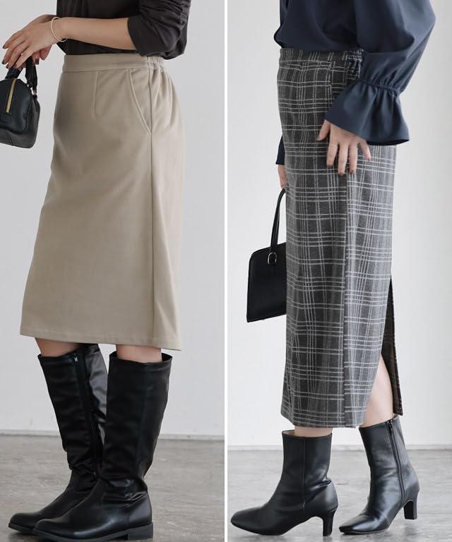 Pierrot Brushed Stretch Size Check Pattern Cashmere-Touch I-Line Skirt, Fabric, Waist, Below-the-Knee Length, Women's, M,