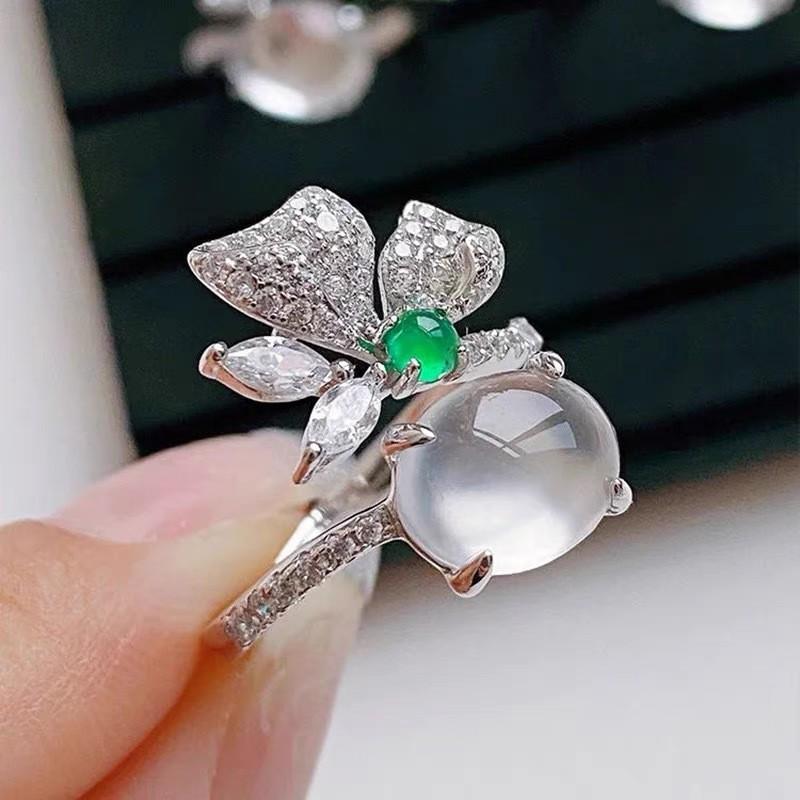 Elegant White Chalcedony and Hetian Jade Open Ring