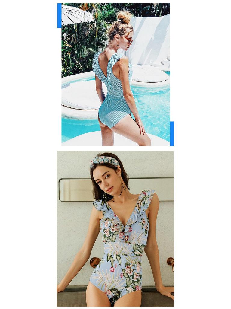 Ruffled Striped V-Neck Backless One-Piece Swimsuit - European and American Style