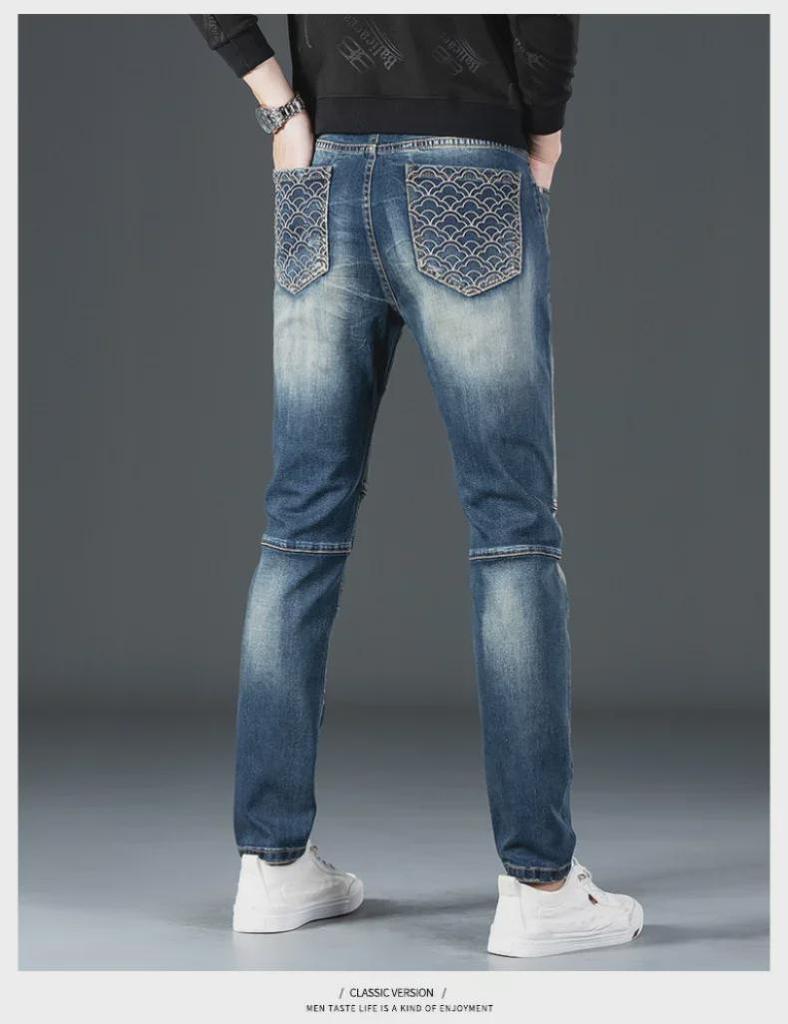 Men's Ripped Embroidered Skinny Jeans - Fashionable Elastic Slim Fit Pants