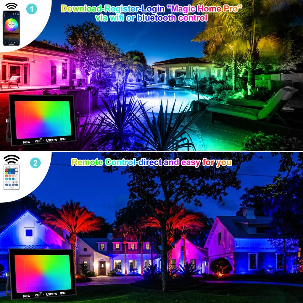 T-sunrise 100W RGB Smart Floodlight Outdoor Spotlight IP66 Remote Control Warm Cool Lighting WIFI Control for Alexa EU UK Plug