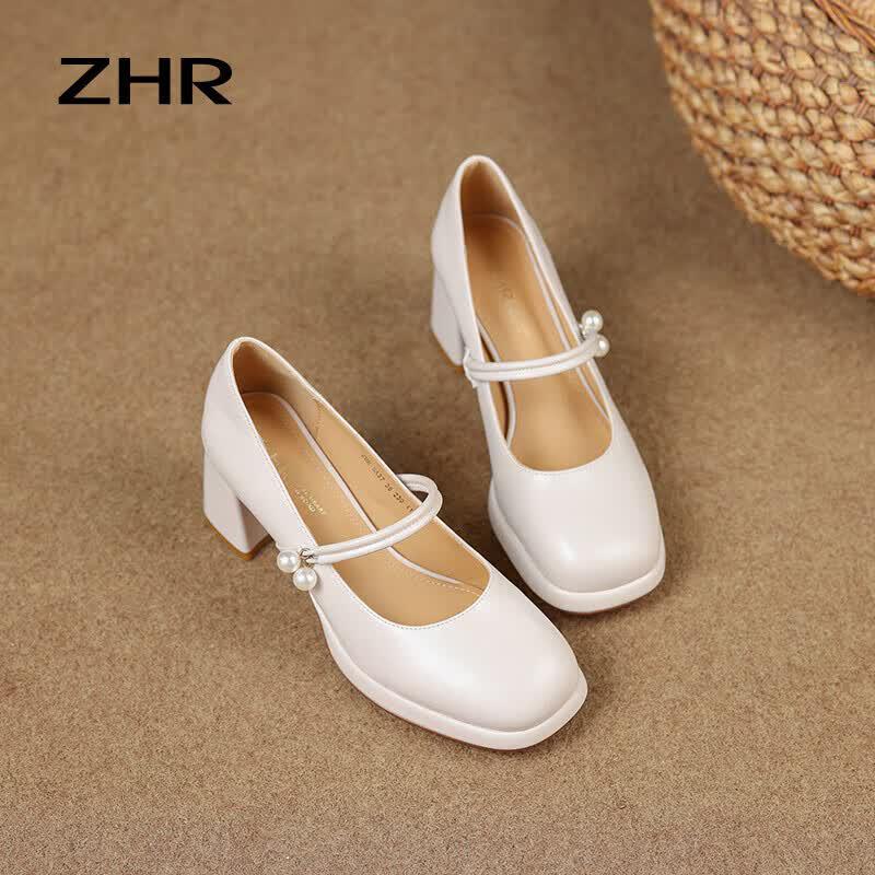 ZHR Elegant Sheepskin Mary Jane Chunky Heel Pumps