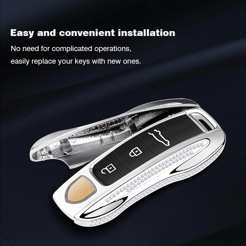 Diamond Metal Material Key Case For Porsche Cayenne Panamera Macan Cayman 718 911 Taycan Gloss Chrome Key Shell Car Key Case