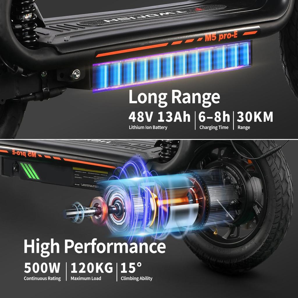 Electric Scooter with Seat TWOFISH M5 PRO-E 12" Tires 500W Motor 48V13Ah Battery 40km/h Max Speed 30km Max Range EEC Certified