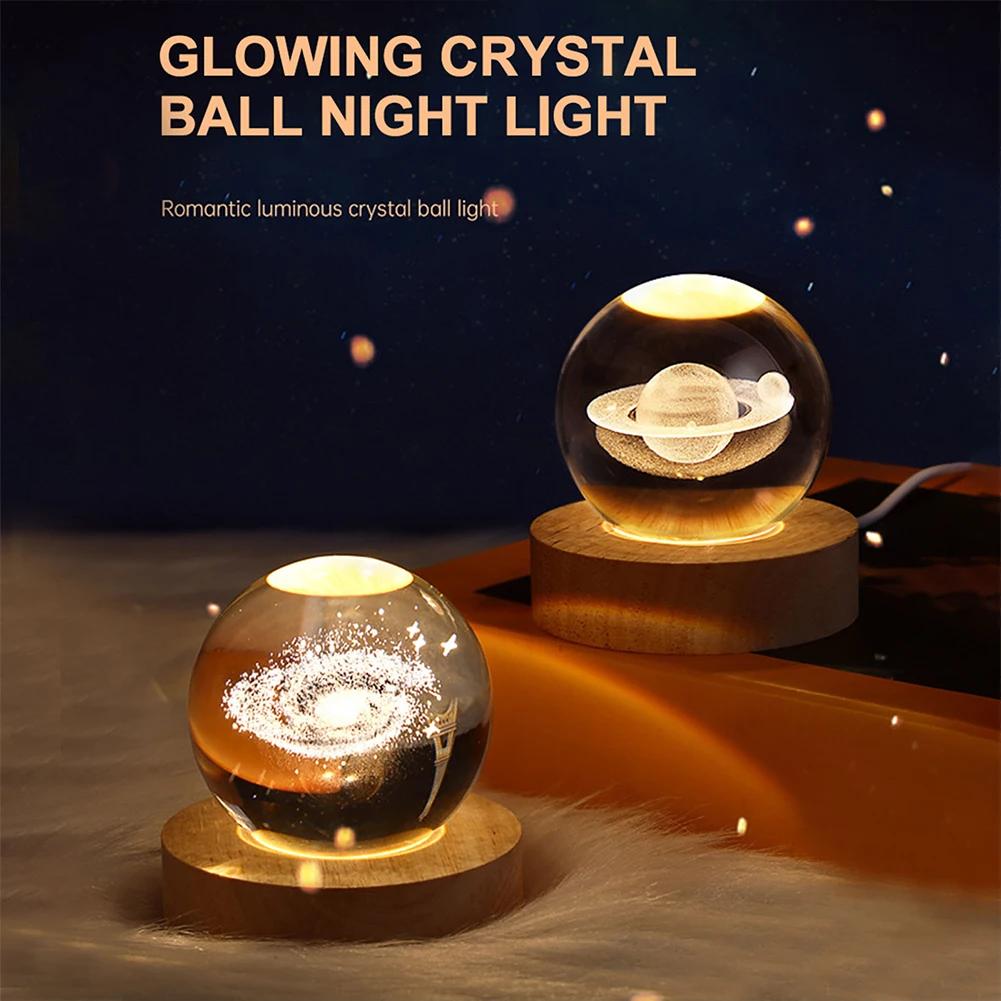LED Crystal Ball Lamp Milky Way System Crystal Ball Glowing Solar System Crystal Ball with Wooden Base Glass Planet Nightlight