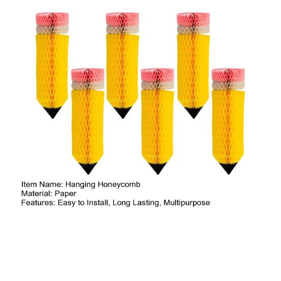 6Pcs Pencil Hanging Honeycomb with Lanyard Ceiling Party Ornaments Easy To Install Back-to-School Classroom Decorations