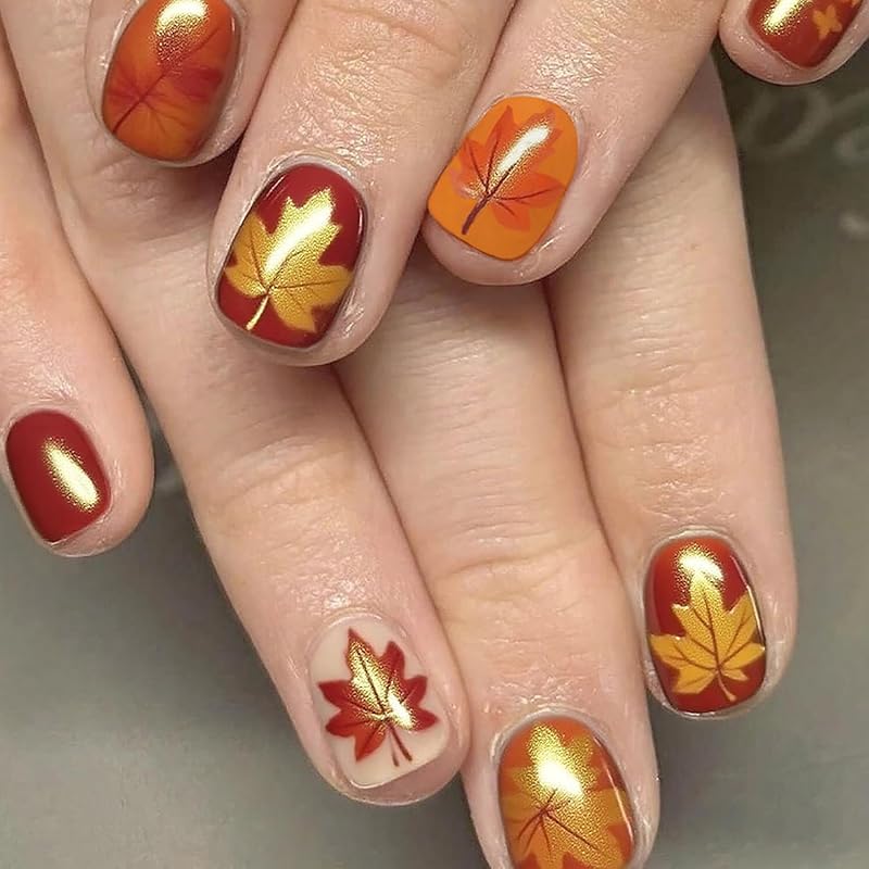 Fall Leaf Press on Nails Thanksgiving Pumpkin False Nails with Design Medium Square Artificial Stick on Nail Glossy Autumn Maple Leaves Acrylic Glue