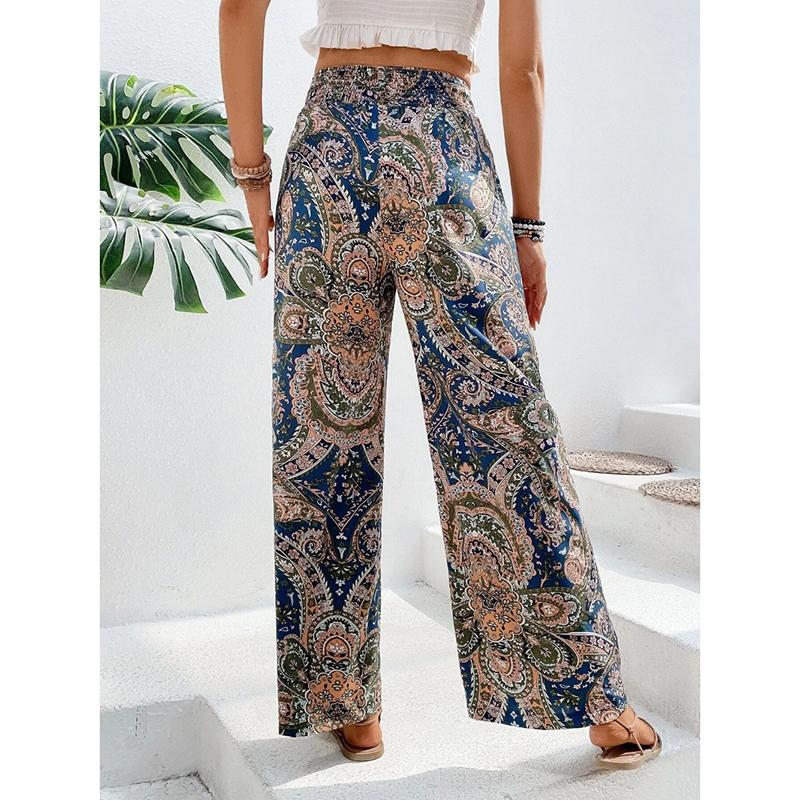 Summer New Fashion Printed Elastic Waist Wide Leg Pants Women Vintage Vacation Beach Pants Casual Woman Simple Thin Office Ladies Long Trousers 25783