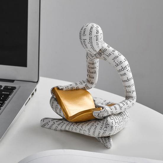 Abstracte Leesman Figuur met Gouden Boek Man Hars Beeld Sculptuur Huis Kantoor Bureau Decoratie Ornament Boekenliefhebbers Cadeau