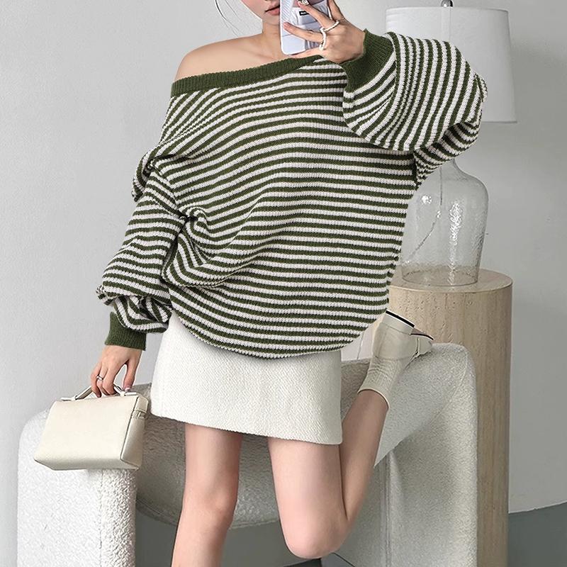 

VONDA Women Jumpers Long Sleeve Striped Knitted Pullover Sweaters Knitwear 3XL зелёный