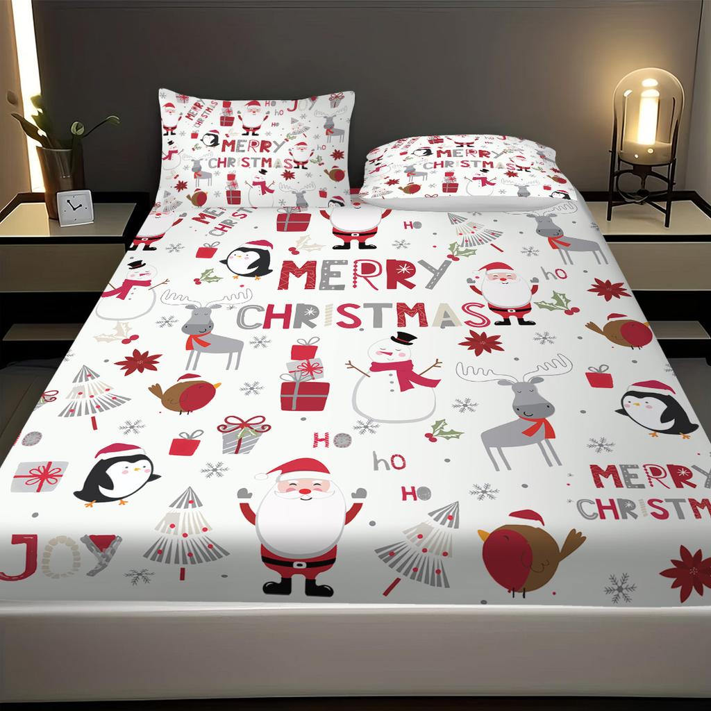 3Pcs Merry Christmas Cartoon Santa Claus Print Coreless Bed Sheet Set Multi Size Bed Cover Bedroom Dormitory Bedding Decoration