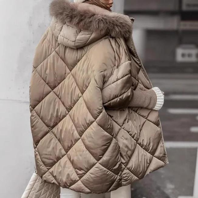 Women Hooded Puffer Coat Fur Trimmed Hood Quilted Winter Long Sleeve Warm Thick Parka Jacket