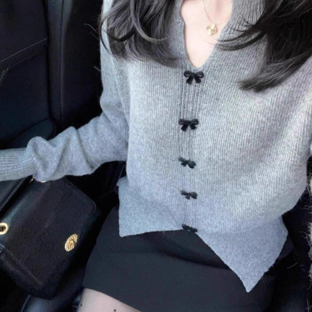 Damen Chic Französisches Grau V-Ausschnitt Schleife Strickpullover - Kleiner Duft Stil für Herbst und Frühling