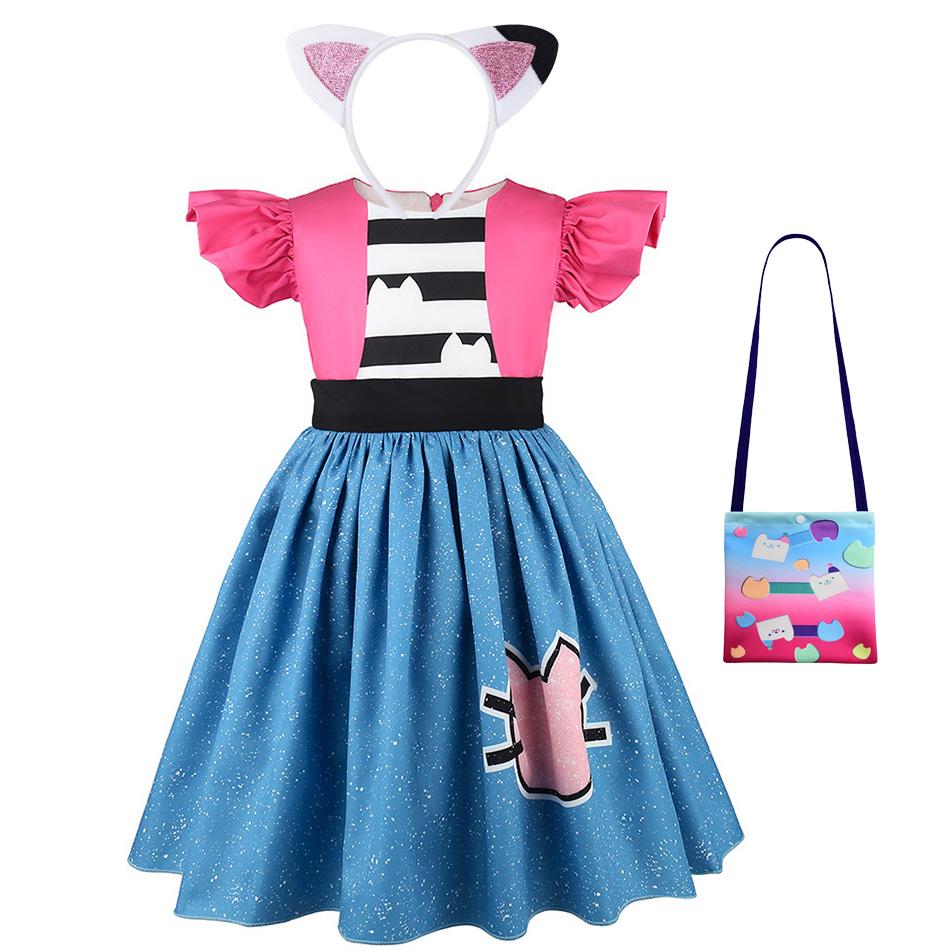 Meisjes Kattenoor Prinsessen Kostuum Set Kitten Print Glanzende Blauwe Jurk met Kinder Verjaardagsfeest Halloween Cosplay Jurk