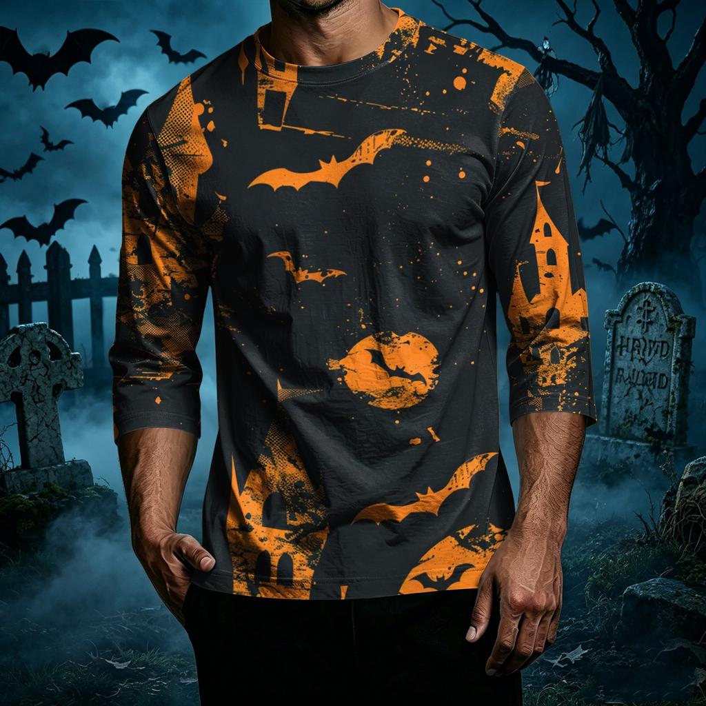 Men's Casual Halloween Print Crew Neck T Shirt Three Quarter Sleeve Top with Graphic Design for Seasonal Wear