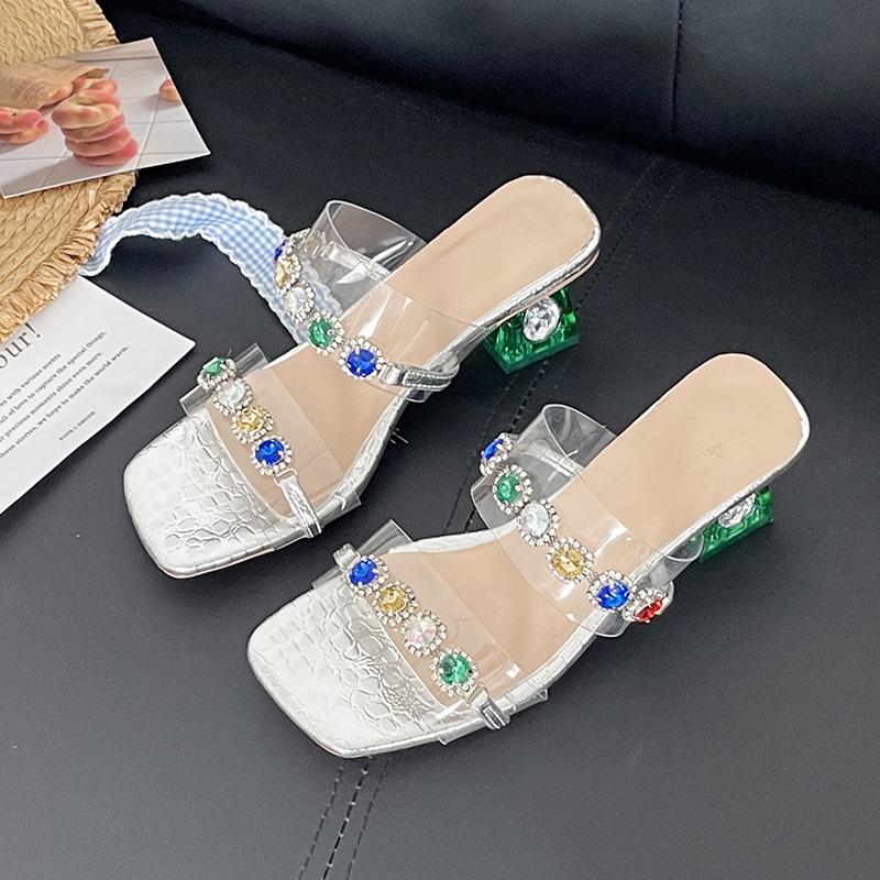 Summer Wear Square Head Colorful Rhinestone Block Heel Open Toe Cool Drag with Skirt Beautiful Half Drag Woman