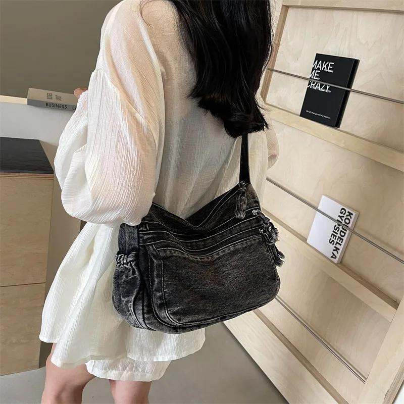 Džínová taška pro ženy, tašky tote, velká taška přes rameno s nastavitelným popruhem, elegantní crossbody nákupní taška na knihy, módní