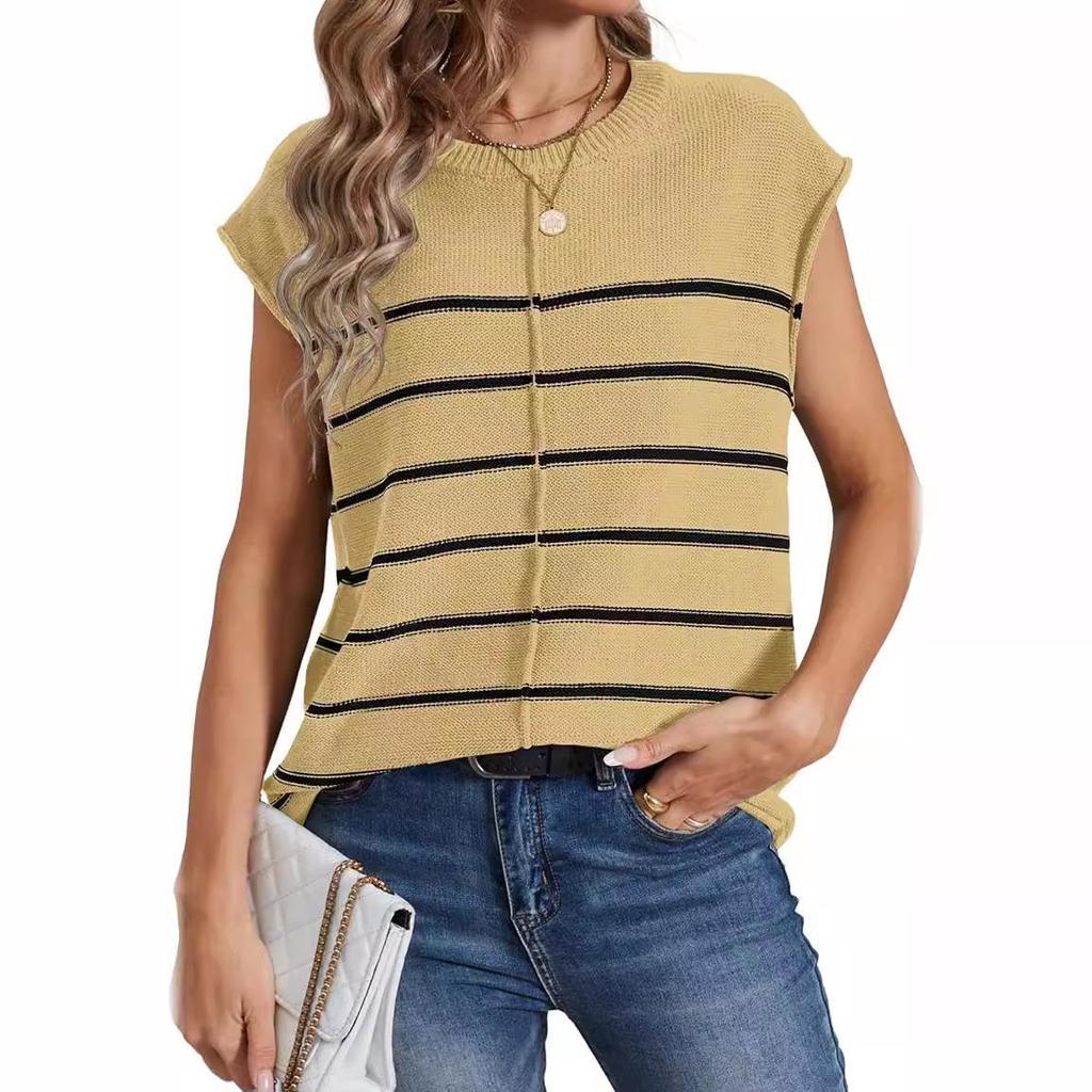 New Women's Striped Knit Sweater Vest Sleeveless Pullover Patchwork Casual Top
