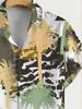 Men'S Color-Blocked Geometric Multi-Layer Palm Tree Print Hawaiian Shirt, Contrasting Retro Tropical Short-Sleeve Collared Shirt, Casual Aloha Top for