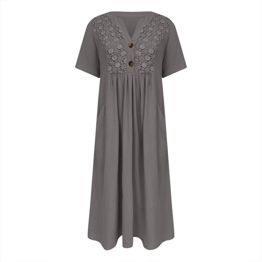 Summer Dresses For Women Boho Maxi Dress Short Sleeve V Neck Dresses Fashion Dress with Pockets