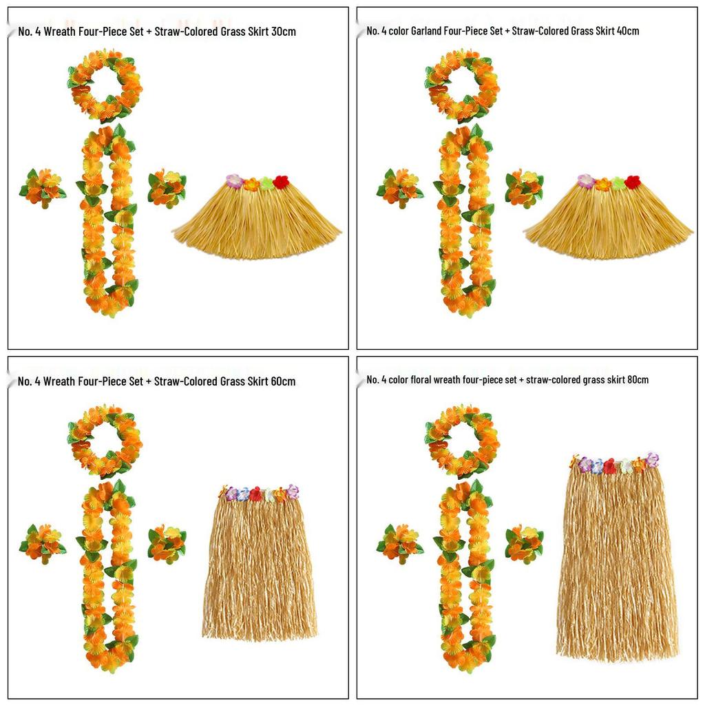 Kaifeng Summer Hawaiian Grass Skirt and Flower Garland Dance Party Set - 5 Pieces (30CM, 40CM, 60CM, 80CM)