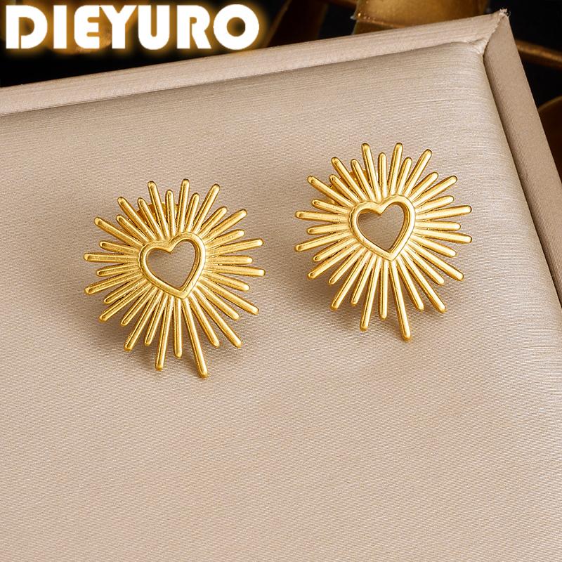 DIEYURO 316L Stainless Steel Sunny Spiked Golden Heart Stud Earrings for Women Vintage Sunburst Earrings Waterproof Jewelry Gift