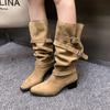 But knee boots women's spring and autumn khaki suede pointed boots children thick heel thin pleated piled boots