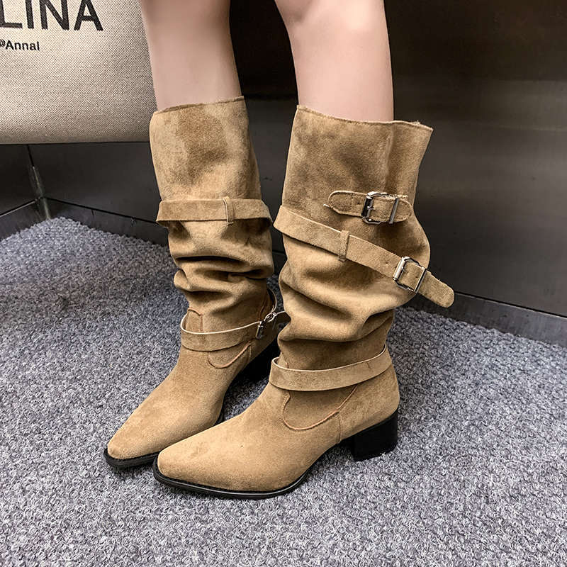 But knee boots women's spring and autumn khaki suede pointed boots children thick heel thin pleated piled boots