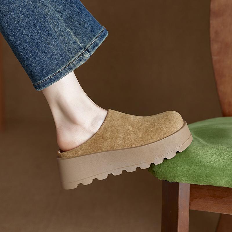 Retro genuine leather Haken half slippers for women's outdoor wear 2025 new thick soled anti slip toe toe shoes