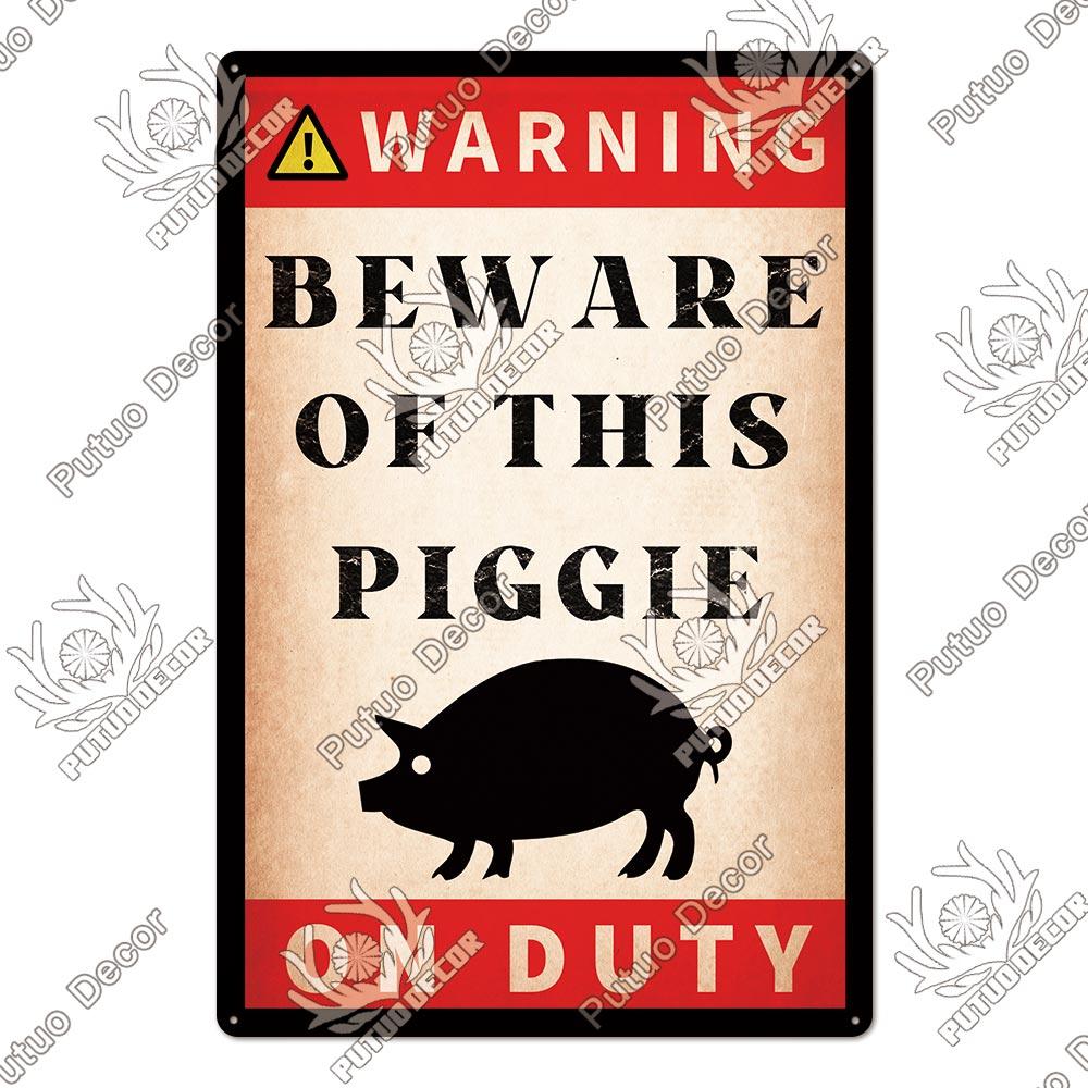 Putuo Decor Warning Tin Sign Vintage Metal Sign Pig Caution Plate Warning Decorative for Zoo Piggy Farm House Wall Decor