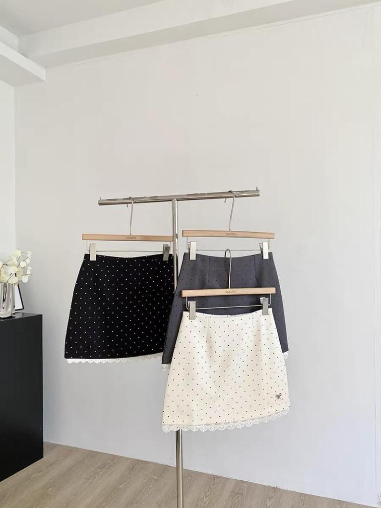 Polka Dot Lace Trim A-Line Midi Skirt, Spring/Summer 2025 Fashion, Petite High-Waist Hip-Hugging Fit