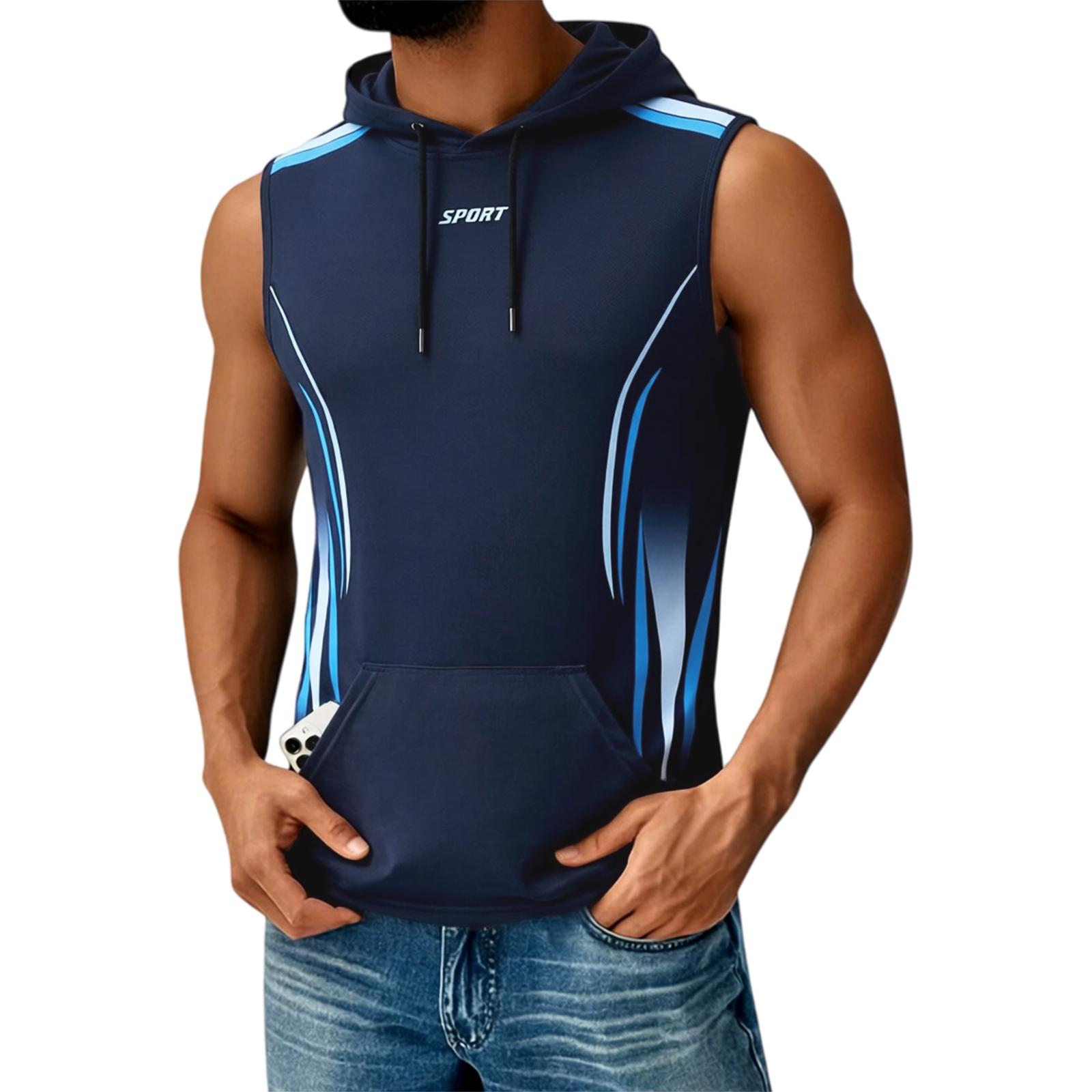 Men s Printed Hooded Top With Pockets Men s Casual Sports Quick Drying Sleeveless Top XXXL