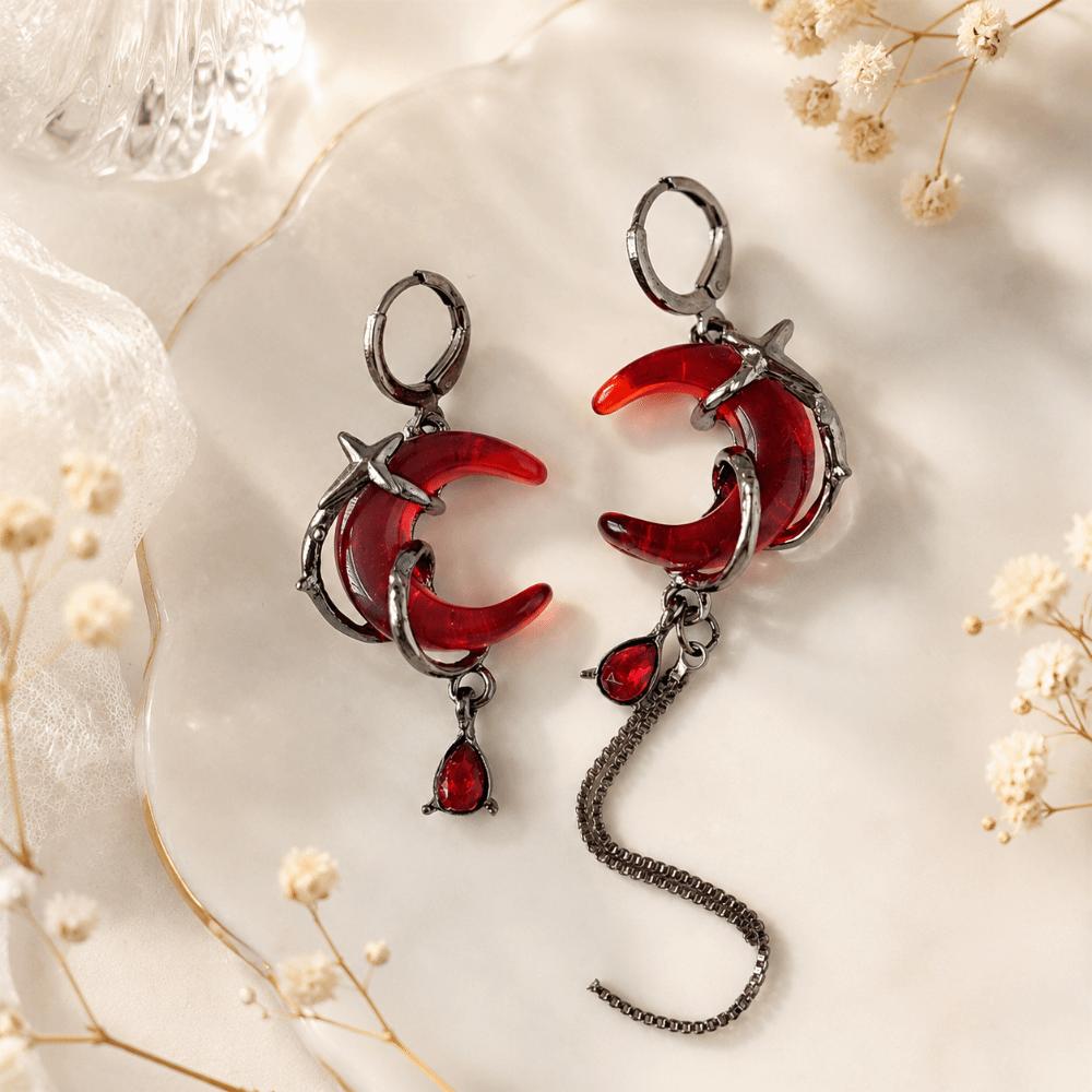 Red Crystal Asymmetry Earrings Tassel Chain Women Dangle Earrings Rhinestone Moon Earrings  Gift