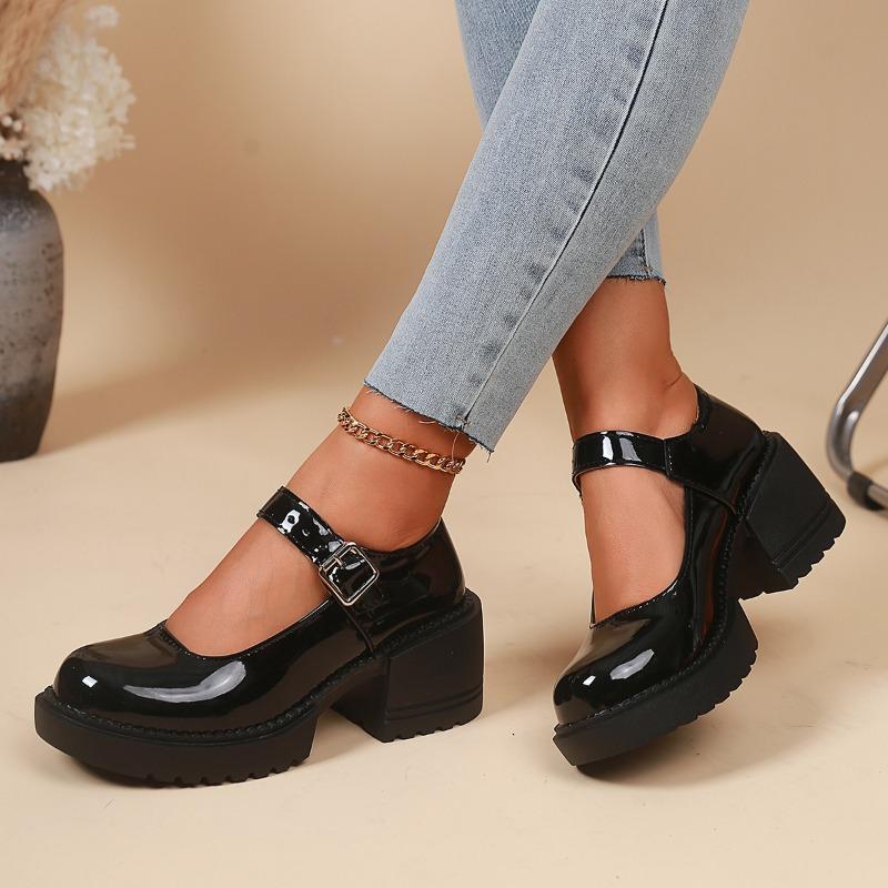 

Mary Jane women s shoes high heels women s spring new one-word buckle round head thick sole thick heel large size single shoes 35