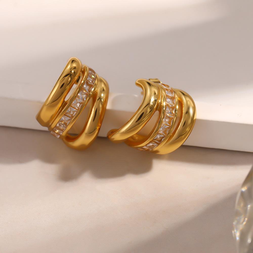 Cross-border Stainless Steel Hoop Earrings Light Luxury Premium Feel Featuring Cubic Zirconia 18k Real Gold Plating