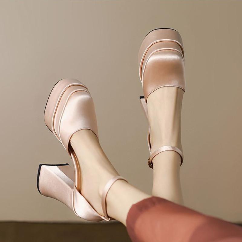 Fashion 2025 Mary Jane Block Heels High Quality Women's Satin Ultra High Heels Thick Sole Round Toe Ankle Straps Party Wedding Shoes