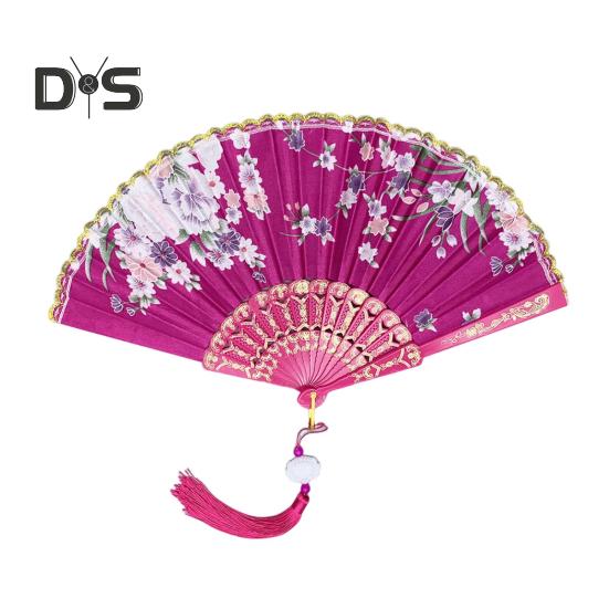 Chinese Style Flower Folding Fan with Tassels Portable Summer Hand Held Cooling Fan Decoration Dance Performance Props Party Costume Accessories