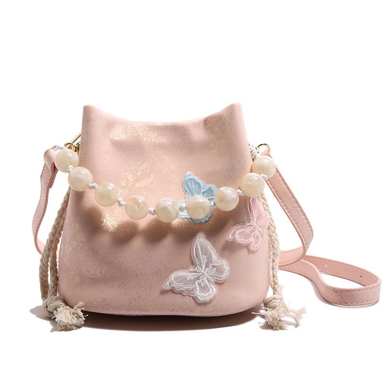 2025 New Chinese Style Butterfly Shoulder Bag Fashion Splicing Beaded Handbag Women's Versatile Messenger Bucket Bag