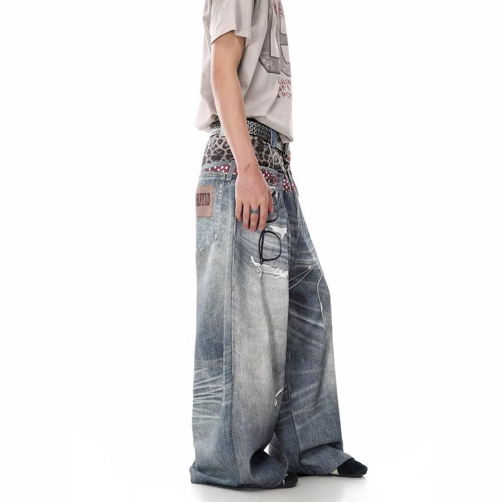 Leopard print double pants jeans new high waist loose versatile pendant wide leg pants