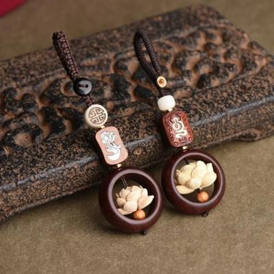 Buddhism Lotus Flower Keychain Accessories Wooden Buddha Lucky Beads Keyring Jade Pendant Phone Amulet Bag Buckle Chinese Charm