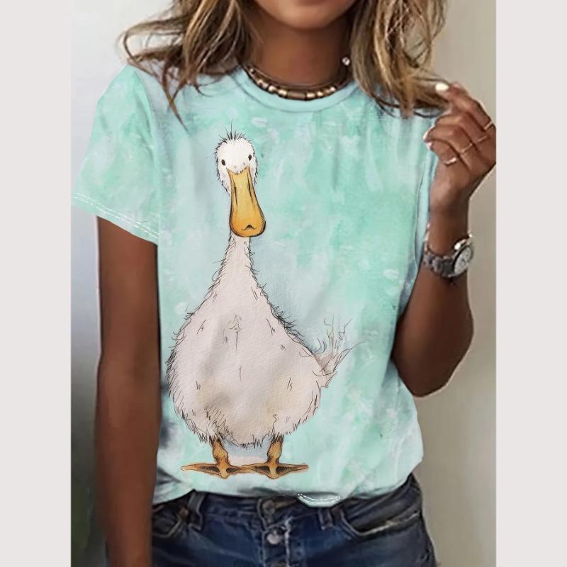 Cartoon-T-Shirt für Damen, Tiermuster-Druck, O-Ausschnitt, Oberteil, Outdoor-Mode, Damen-T-Shirts, Pullover, weibliches übergroßes Kleidungshemd