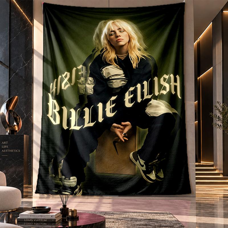 Wandbehang-Gobelin, Stoff-Hintergrund mit Billie Eilish Aufdruck für Schlafsaal-Partydekoration