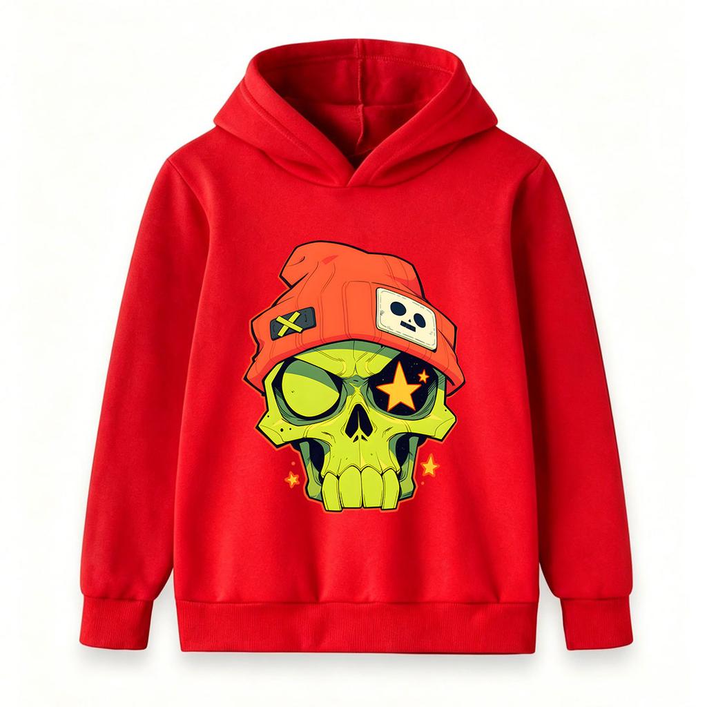 Kids Boys Girls Cozy Pullover Hoodie, Cool Cartoon Green Skull With Orange Beanie Star Graphic Casual Long Sleeve Hooded Sweatshirt For Streetwear