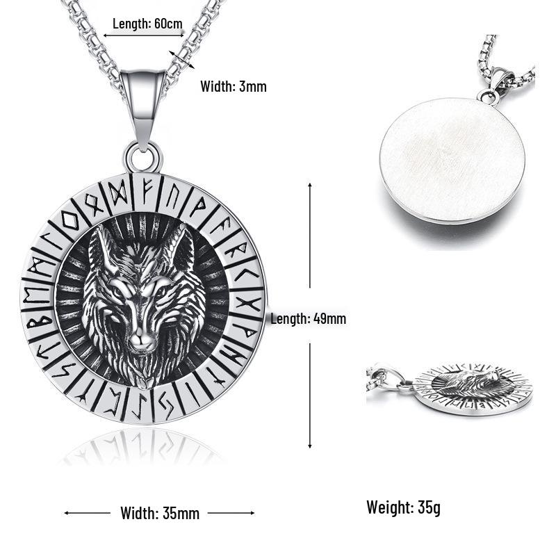 Vintage Stainless Steel Viking Rune Wolf Head Pendant Necklace - Trendy Men's Hip-Hop Accessory
