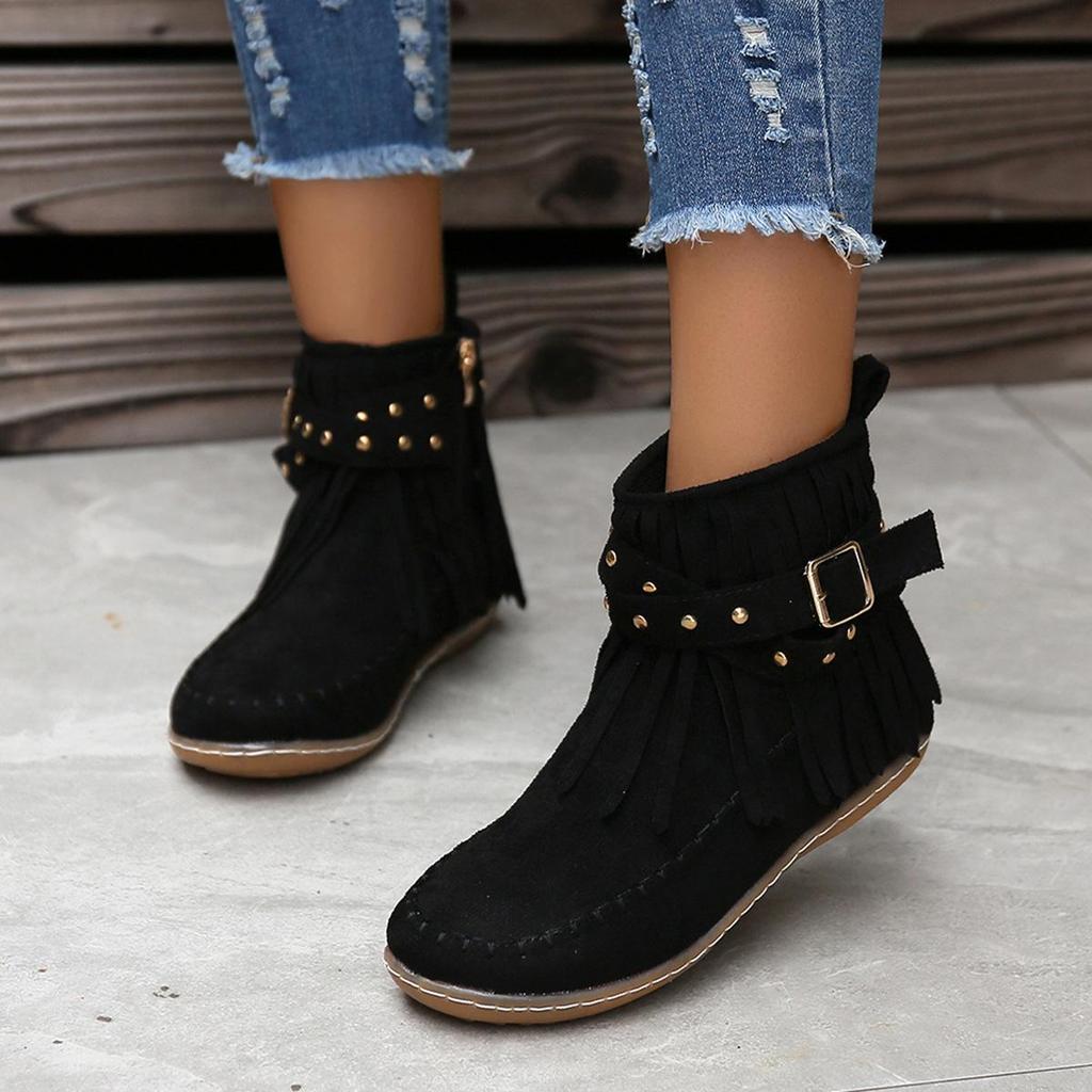 European/American Cross-border Rivet Tassel Boots - Women's 2023 Autumn/Winter Collection (Large Size)