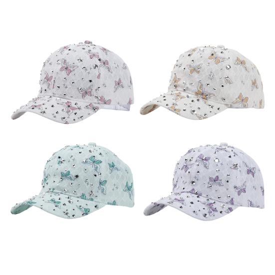 Baseball Hat Adjustable Back Buckle Butterfly Design Curved Brim Sun Protection Lace Hat with Rhinestones Inlaid Women Headwear