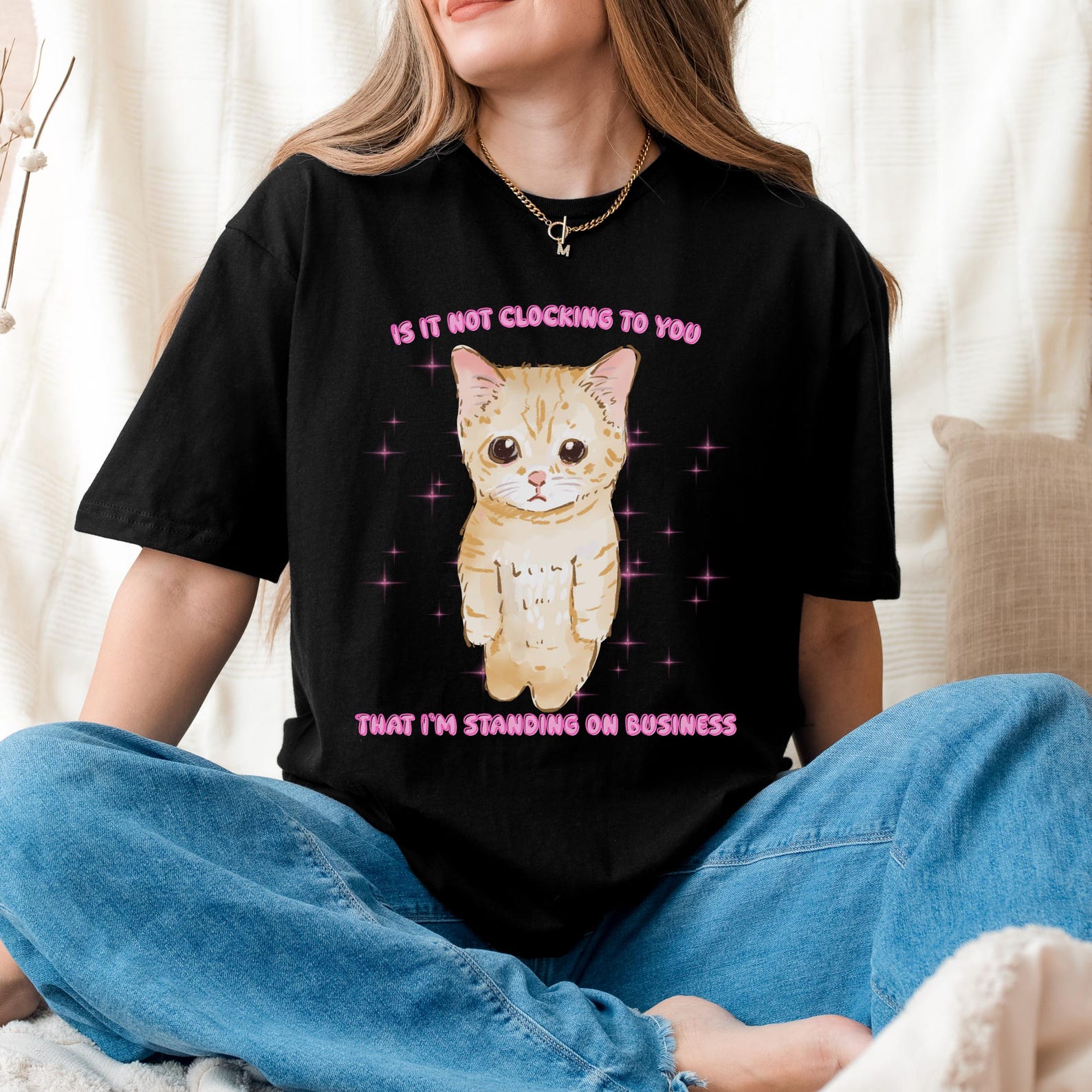 Cat Standing On Business Shirt | Meme Cat Tee, Funny Kitten Graphic, Pink Sparkle Gift 4XL