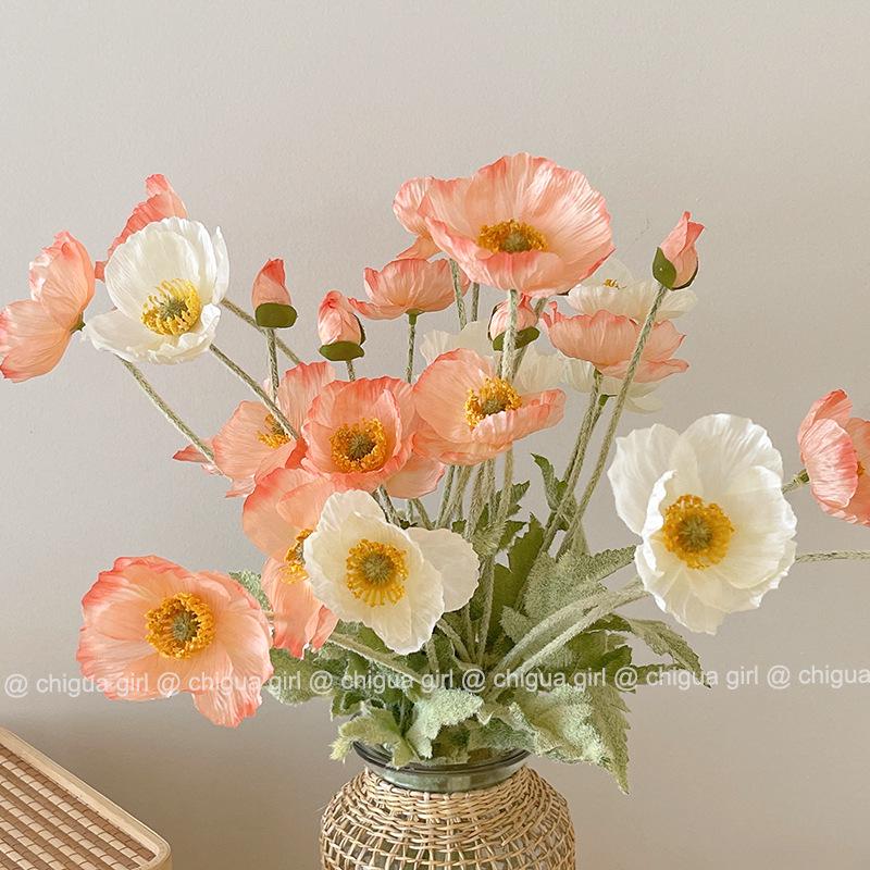 Blue Iceland Poppy Silk Flower Bouquet for Living Room Decoration